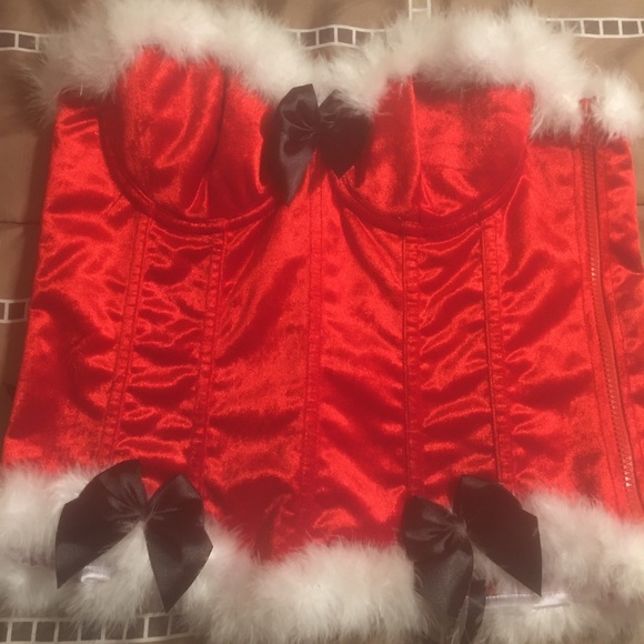 Lingerie Fur Trim Red Velvet Corset Set - Picture 1 of 16